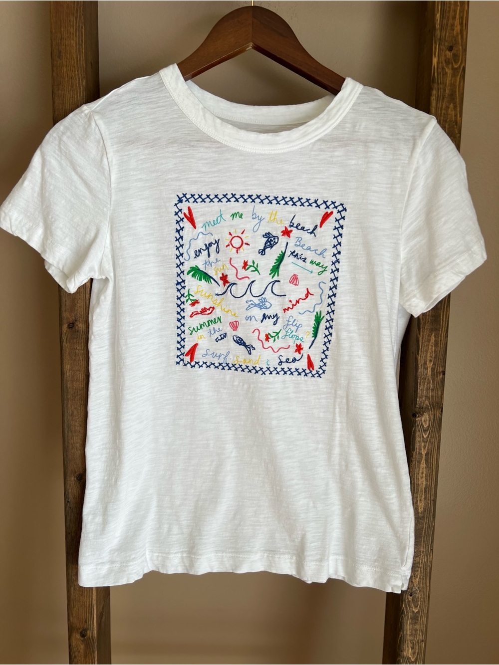 Loft Embroidered Tee with Colorful Beach Motif